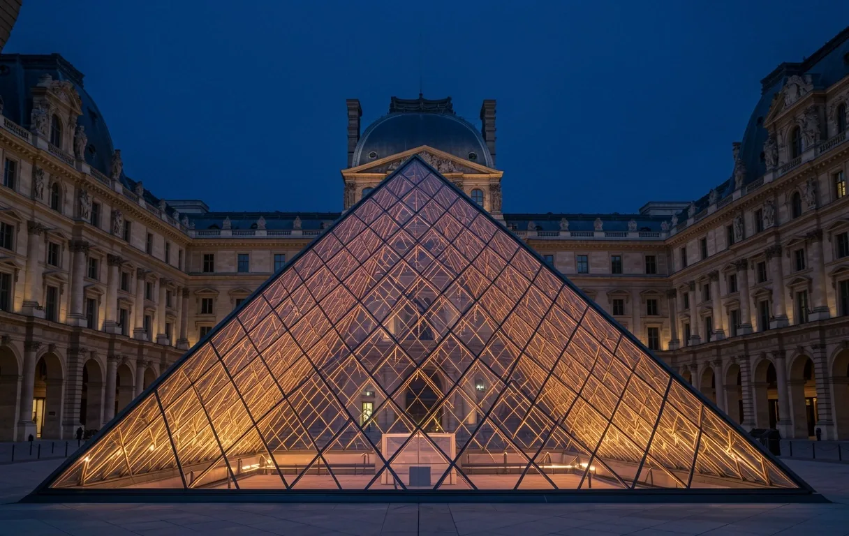 The Louvre Pyramid at dusk